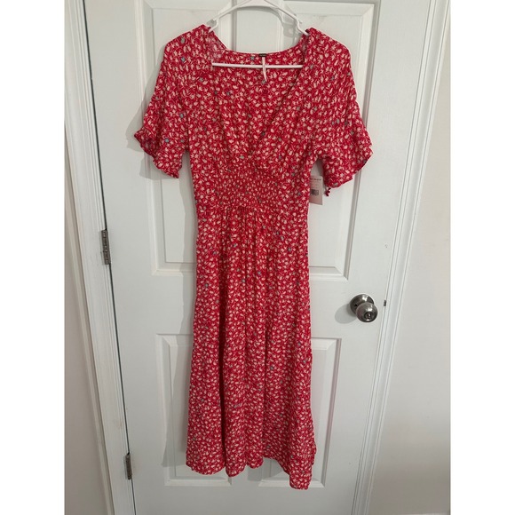 Free People Red Combo Floral Print Midi Dress Womens XS Short Sleeve - Picture 1 of 9